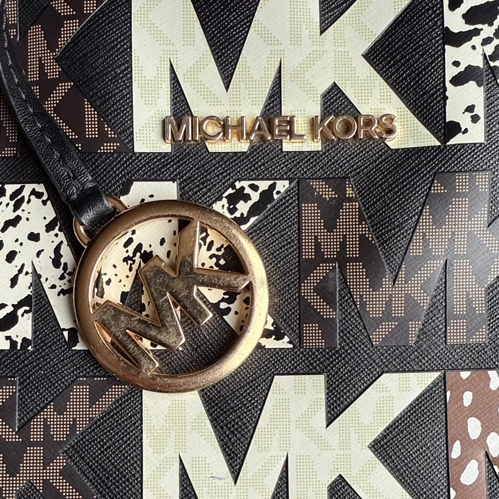Michael Kors Jet Set Travel Medium Carryall Tote Designer Animal Print Gold Used - Picture 2 of 15